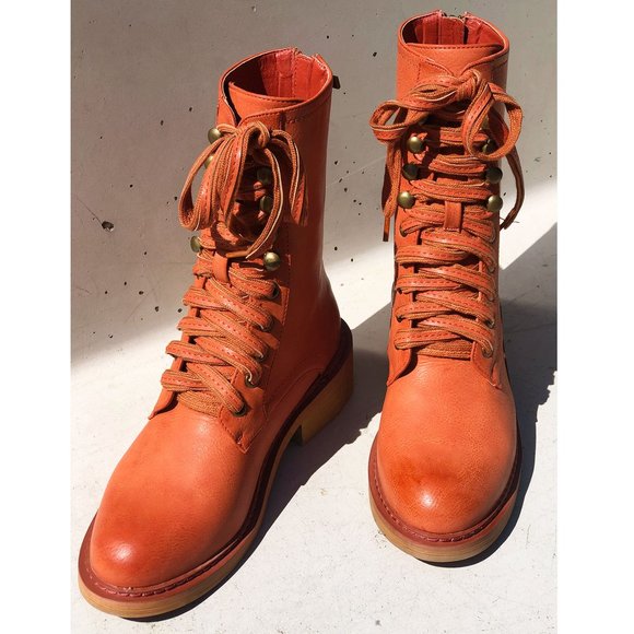 NEW Cognac Orange Laced Up Zipper Back Wooden Heel Mid Calf Ankle Combat Boots - Picture 2 of 13